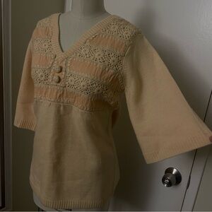 RARE Vintage 100% wool Cream & peach crochet sweater with button quarter sleeve